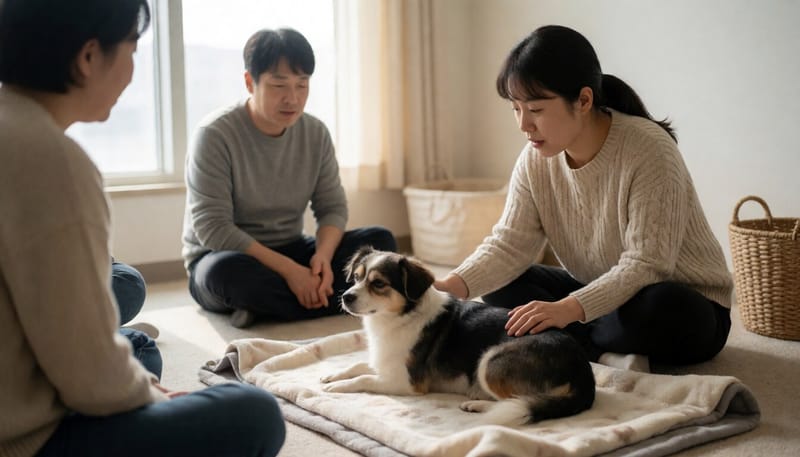 펫호텔에서 익숙한 담요 위에 앉아 있는 강아지와 이를 살피는 펫시터