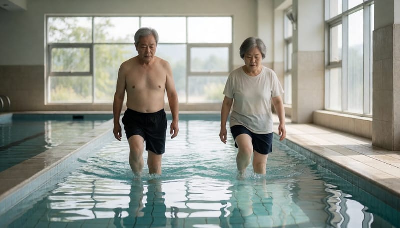 고령자 두 명이 실내수영장에서 물속 걷기 운동을 하는 모습