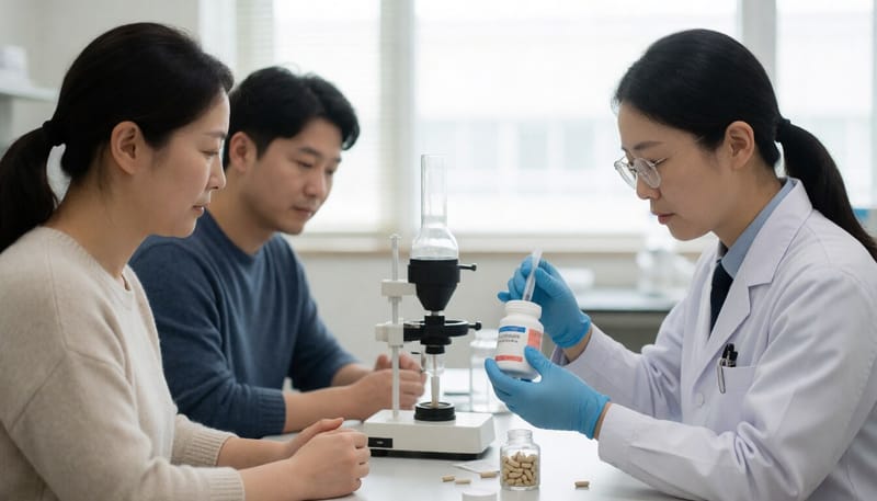 실험실에서 보조제 성분을 검사하는 모습