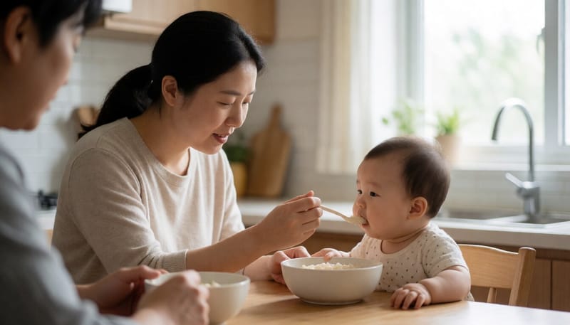 이유식으로 땅콩버터를 묽게 섞어 먹이는 엄마와 아기의 모습