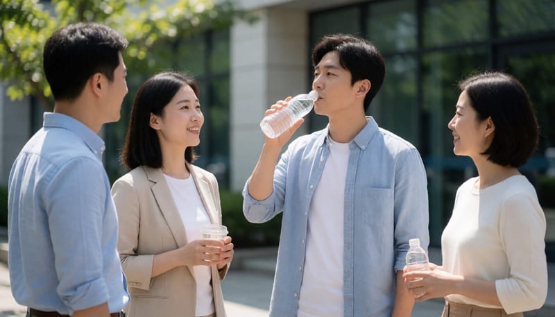 뙤약볕 아래에서 물을 마시는 직장인의 모습