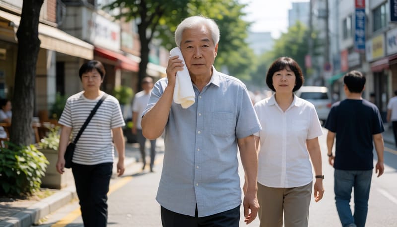무더운 늦여름 거리를 걷는 시민의 모습