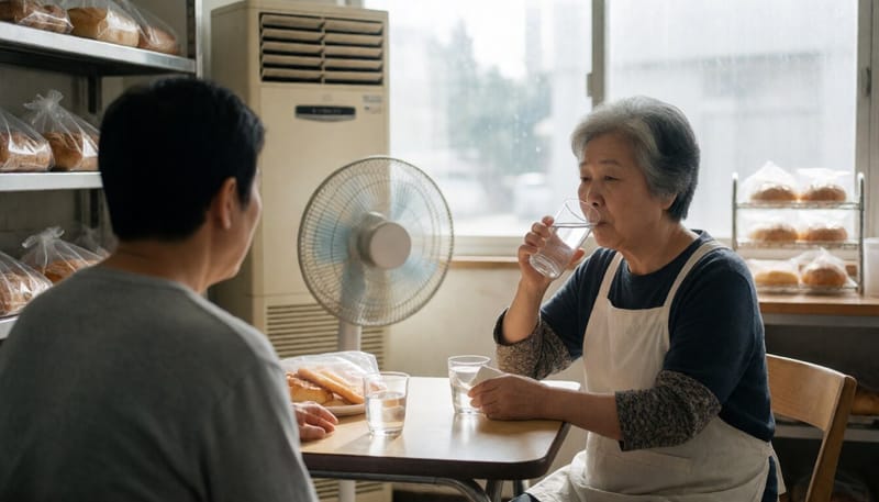 베이커리 주방에서 물을 마시며 휴식을 취하는 노인일자리 참여자