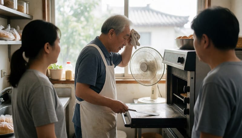 무더운 주방에서 땀을 닦으며 작업하는 노인일자리 참여자