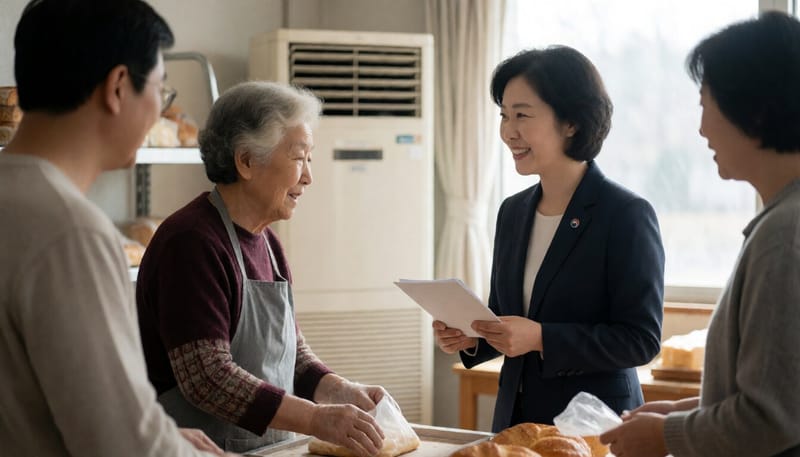 실내 베이커리 카페에서 노인일자리 참여자와 대화를 나누는 모습