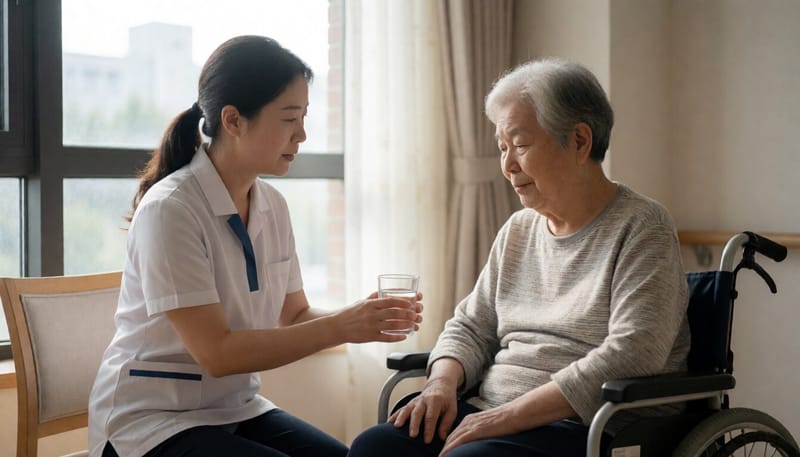 돌봄 종사자가 시설 입소자에게 물을 건네는 모습