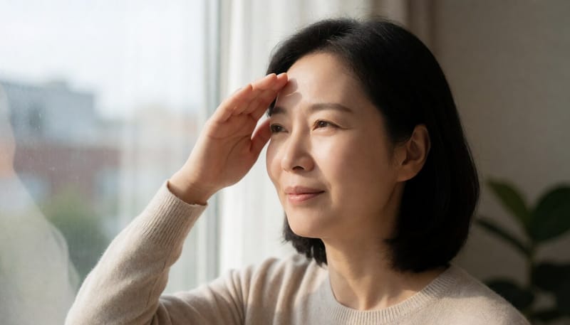 눈부심과 눈물흘림으로 눈을 찡그리는 여성