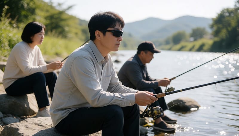물가에서 자외선 차단 선글라스를 쓰고 낚시하는 남성