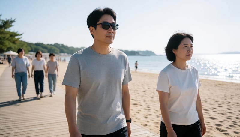 여름 햇빛 아래 선글라스를 쓰고 해변을 걷는 남성