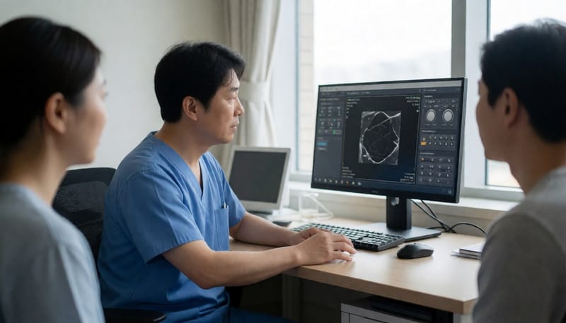 비뇨의학과 진료실에서 검사 장비를 확인하는 의료진의 모습