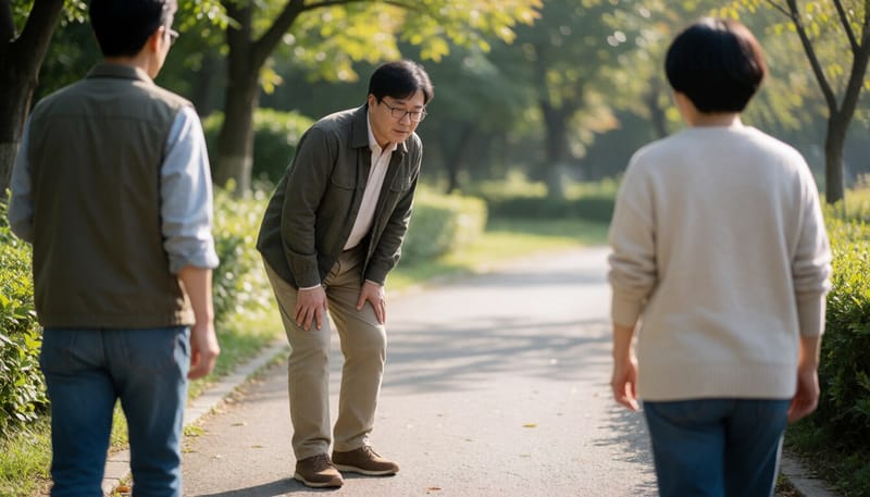 걷다가 다리를 짚고 멈춰 선 중년 남성의 뒷모습