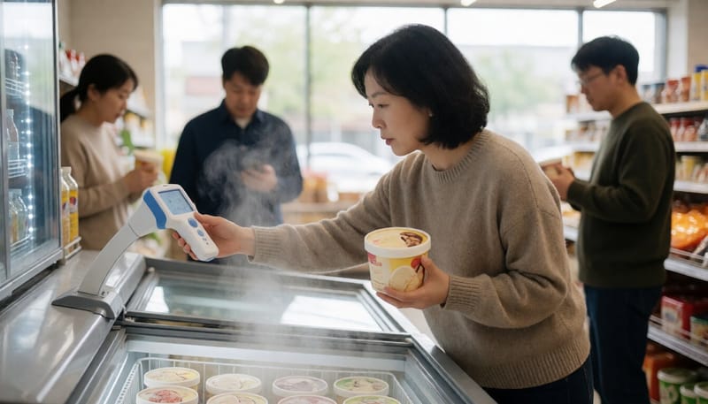 마트 냉동고에서 온도 표시를 확인하며 아이스크림을 고르는 모습