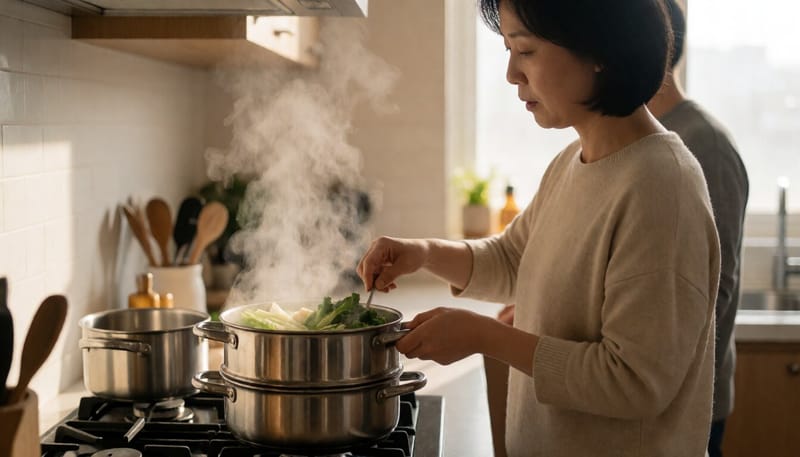 채소를 찜기에 넣고 조리하는 여성의 모습