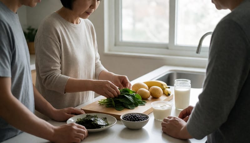 다양한 칼륨 함유 식품을 손질하는 여성의 모습