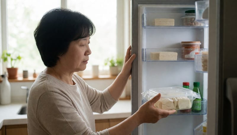 냉장고에 두부를 담은 밀폐용기를 넣는 여성의 모습