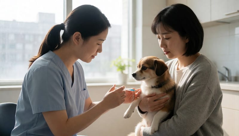 동물병원에서 반려견에게 예방접종을 하는 수의사