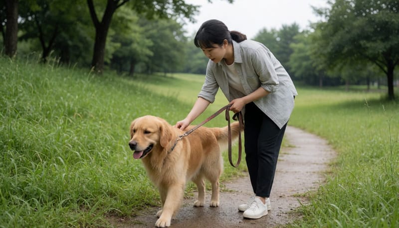 장마 뒤 젖은 풀숲을 산책하는 반려견과 보호자의 모습