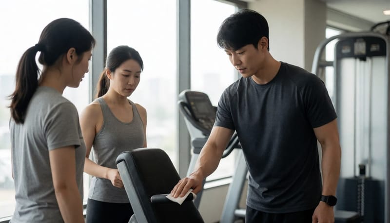 운동기구를 소독 티슈로 닦는 남성