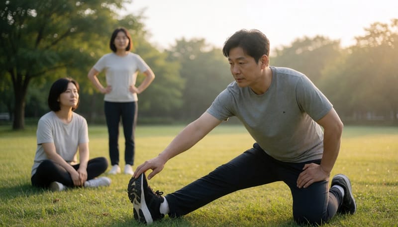 새벽 공원에서 스트레칭하는 남성