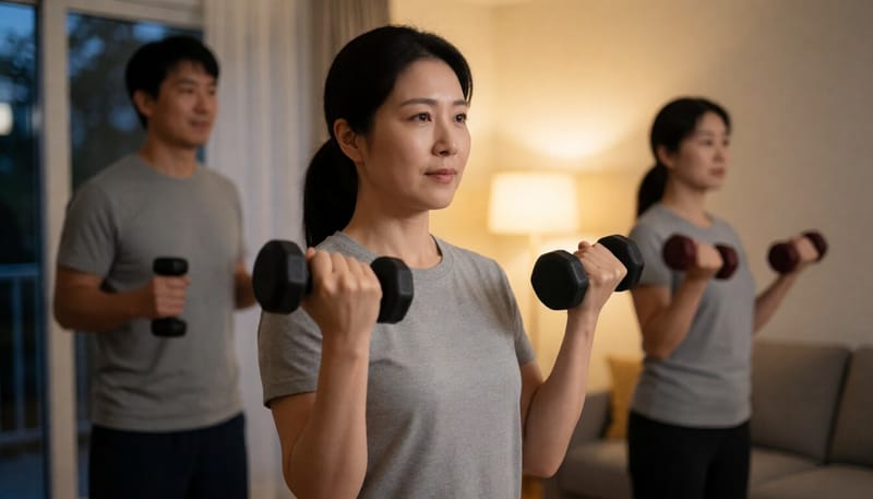 저녁 시간 실내에서 근력운동 하는 여성