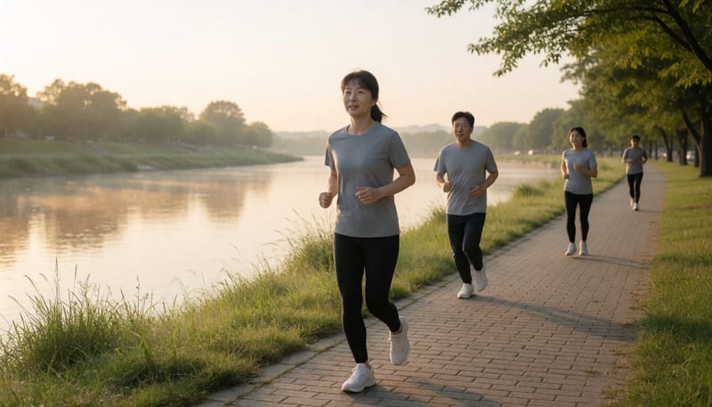 이른 아침 강변에서 조깅하는 사람