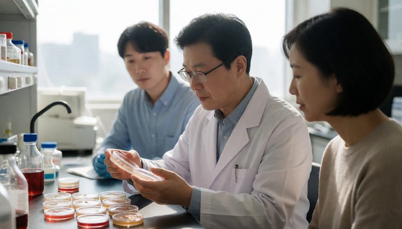 실험실에서 장내미생물 배양 접시를 살펴보는 연구원의 모습