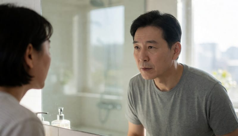 거울에 비친 혀를 살펴보는 남성의 모습