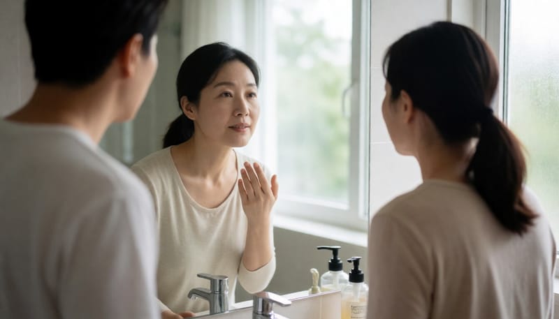 거울 앞에서 혀 상태를 살펴보는 여성의 모습
