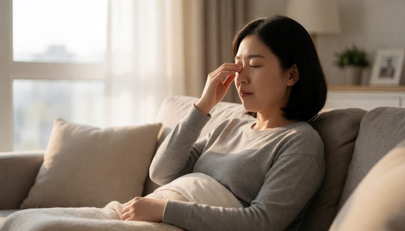 긴 낮잠에서 깨어나 몽롱한 표정을 짓는 여성