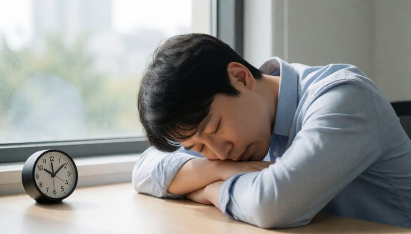 책상에 엎드려 짧은 낮잠을 자는 직장인의 모습