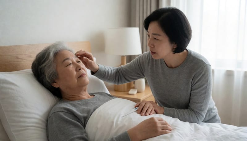 고령 여성의 이마를 짚어보는 보호자
