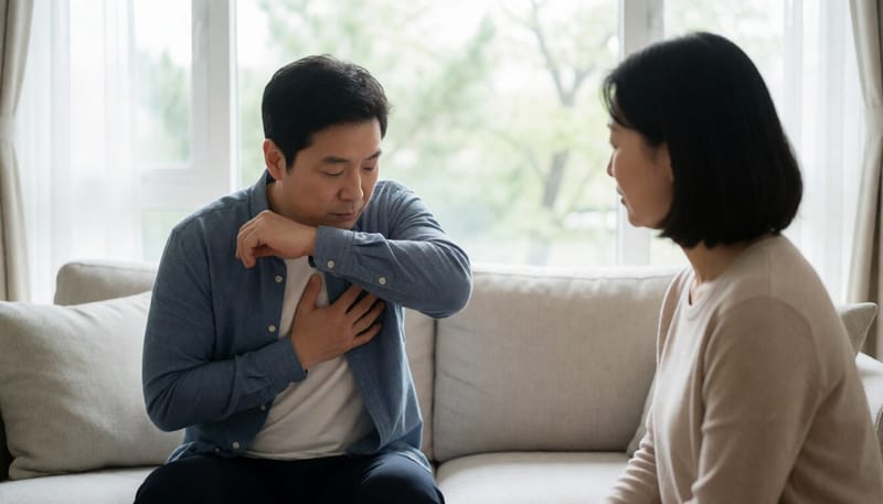 기침을 하며 가슴을 감싸쥔 남성의 모습