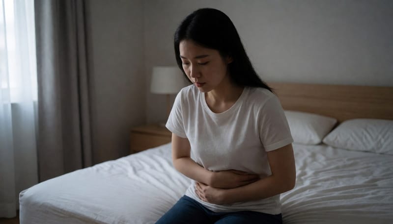 복통과 피로감을 느끼는 여성의 모습