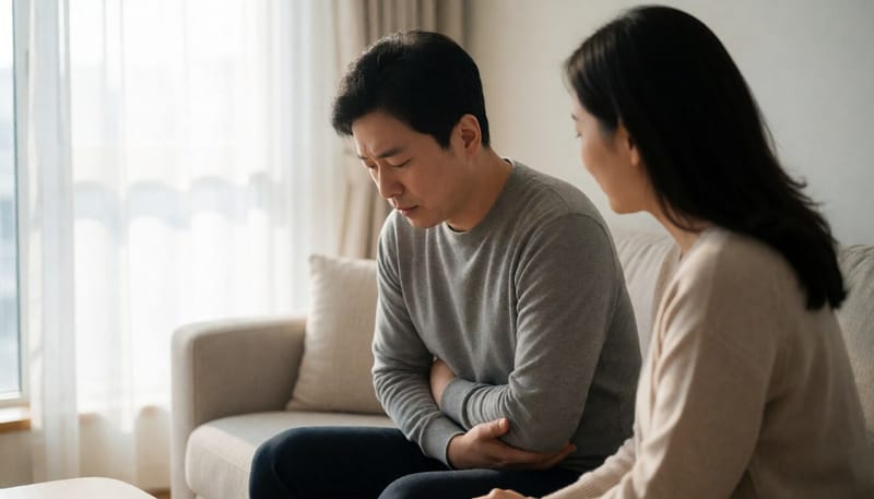복통을 호소하며 배를 움켜쥔 남성의 모습