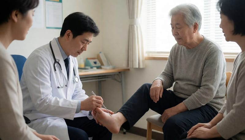의료진이 환자의 발바닥 감각을 검사하는 모습