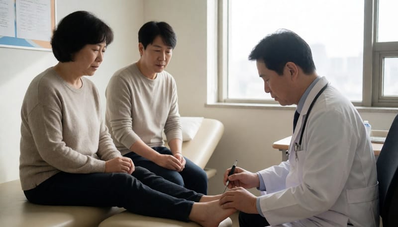 발 감각을 측정하는 신경병증 검사 장면