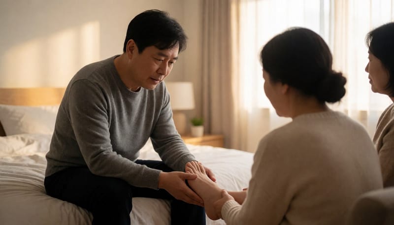 발을 살펴보며 감각 이상을 확인하는 중년 남성