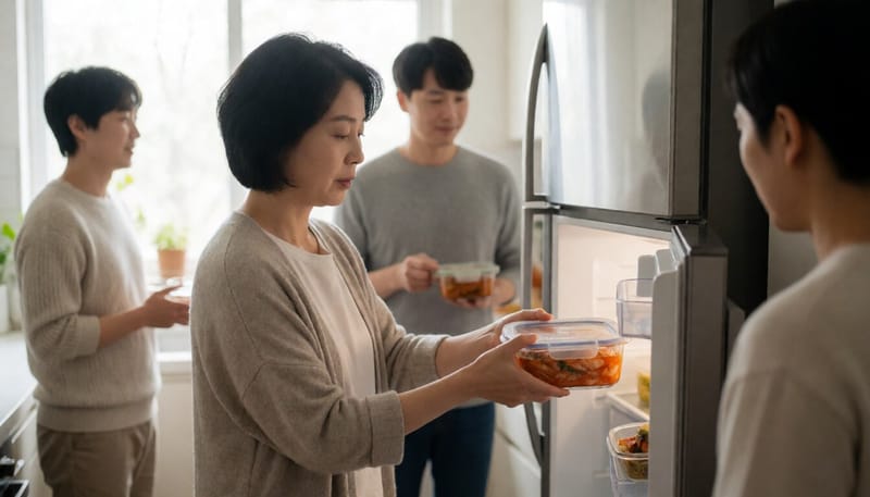 여성이 밀폐 용기에 담긴 물김치를 냉장고에 넣는 모습