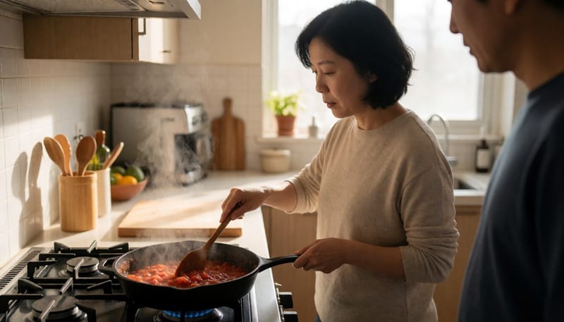 무쇠 팬으로 토마토소스를 조리하는 여성