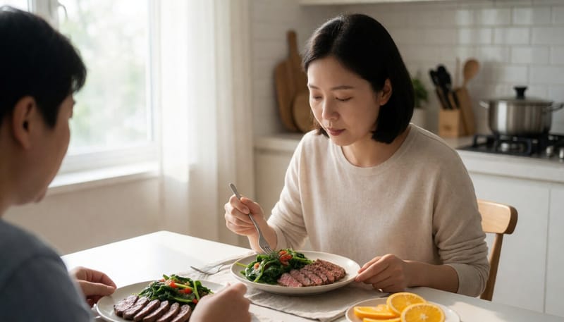 철분이 풍부한 음식을 챙겨 먹는 여성의 모습