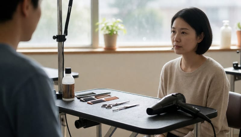 반려동물 미용업소의 미용 도구들이 놓인 테이블