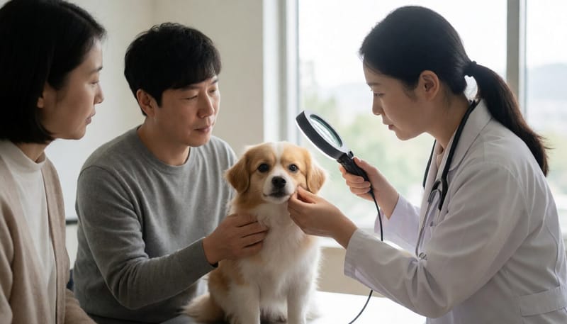 동물병원에서 반려견의 탈모 부위를 살펴보는 장면