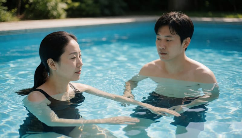 수영장 물속에서 다리를 붙잡고 있는 여성