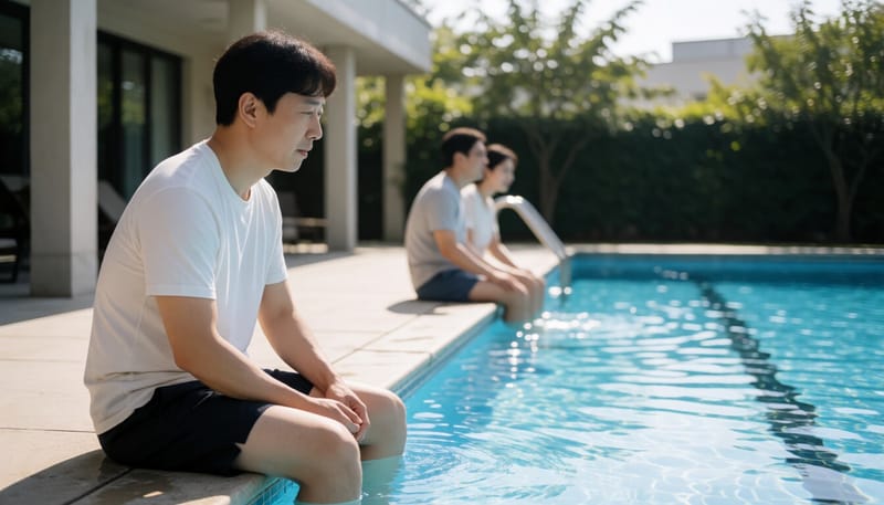 야외 수영장에서 다리를 붙잡고 있는 남성