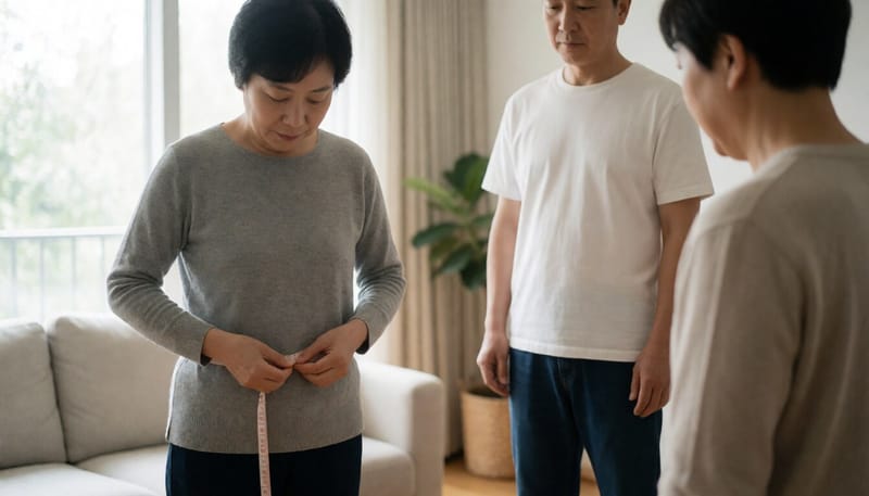 여성이 줄자로 엉덩이둘레를 재는 모습