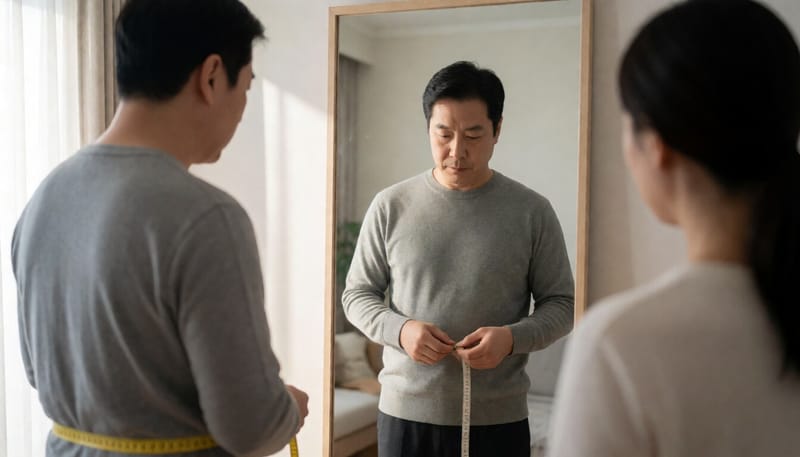 남성이 거울 앞에서 허리둘레를 확인하는 모습