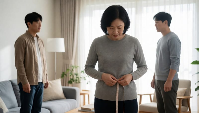 여성이 집에서 줄자로 허리둘레를 재는 모습