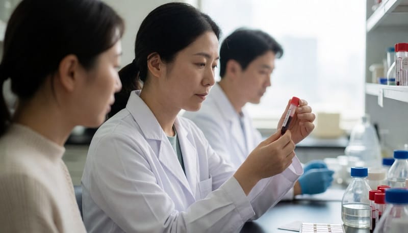 혈액 검체를 살펴보는 임상병리사의 모습