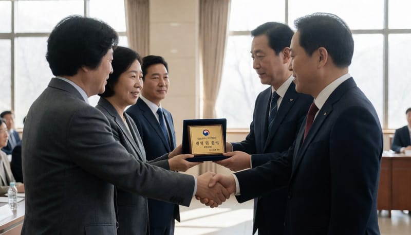 후원 기업 관계자와 관계자들이 인사를 나누는 모습