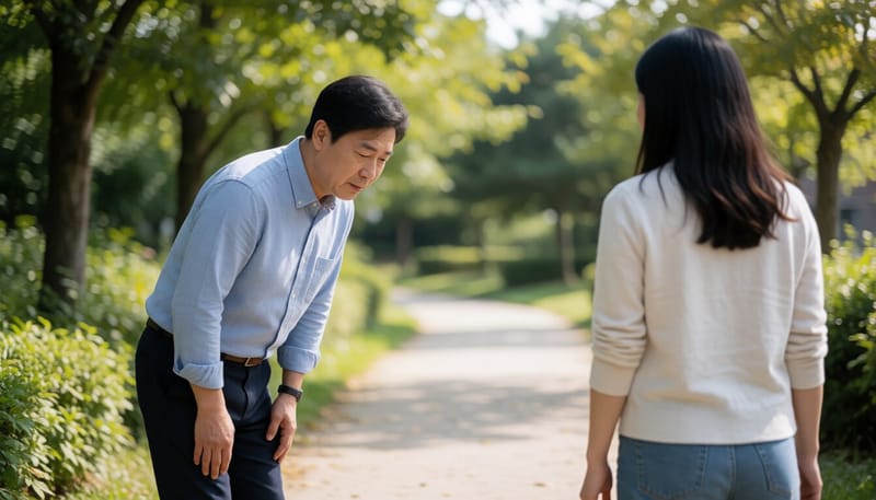 산책 중 허리를 숙이고 잠시 멈춰 쉬는 중년 남성의 모습